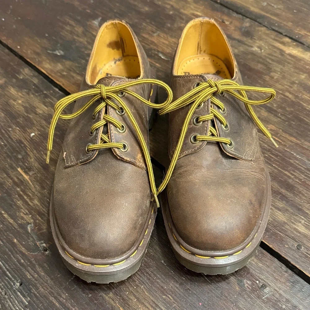 Dr. Martens Brown Leather Derby Shoes with Yellow Accents